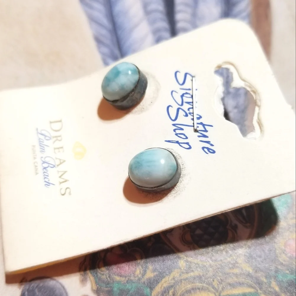 VTG Palm Beach Dreams Larimar Stud Sterling Earrings New Old Stock - Picture 2 of 7